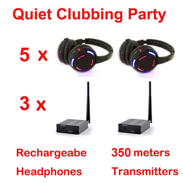 Casque sans fil professionnel Silent Disco et écouteurs RF avec 5 récepteurs et 3 émetteurs Contrôle de distance de 500 m pour iPod MP3 DJ Music Pary Club