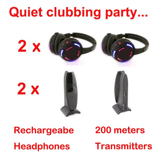 Écouteurs sans fil LED avec système complet Silent Disco à approvisionnement direct d'usine - Ensemble de soirée clubbing silencieux comprenant 2 écouteurs et 2 émetteurs