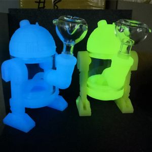 Bong en silicone en forme de robot Siliclab brillant dans le tuyau sombre 5 pouces tuyau à main en silicone portable fumée tuyaux d'herbes sèches barboteur en verre