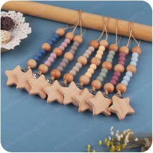 Soportes de cadena de chupete con cuentas de silicona con Clips de madera en forma de estrella para evitar caídas, accesorios de alimentación para bebés, juguetes de regalo para niños de diseño original