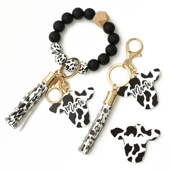 Porte-clés en perles de silicone, monogramme MAMA, pendentif tête de vache, motif de vache, Bracelet pompon, cadeau pour porte-clés
