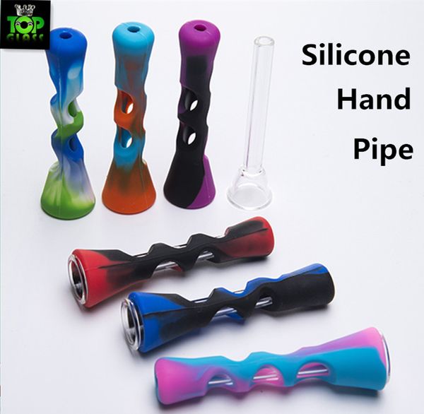 Pipe à main en silicone avec tube en verre à l'intérieur L = 83 mm D du tube = 8 mm Bol = 19,5 mm Tabac portable Mini Dab Oil Rig