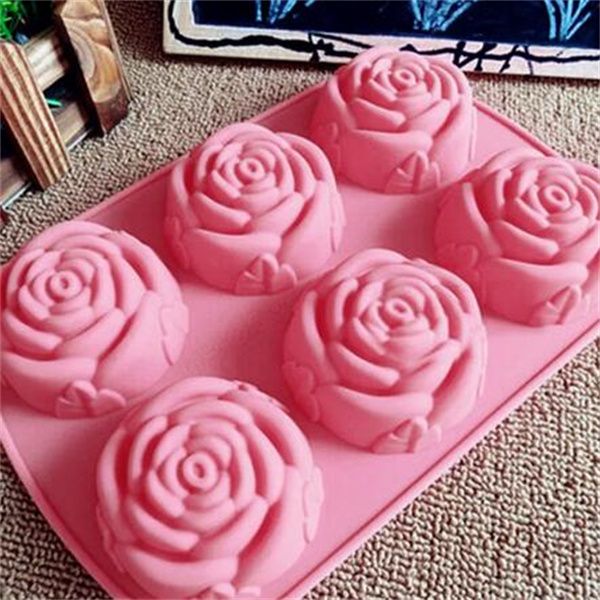 Silicona 6 agujeros pastel de flores rosa helado jabón de chocolate jabón 3D horneado horneado para hornear plato molde de muffin gc2249