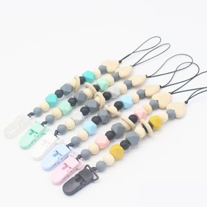 Perles en silicone et en bois Porte-clip factice Clips de sucette mignons Chaînes de sucette Jouet de dentition pour bébé à mâcher