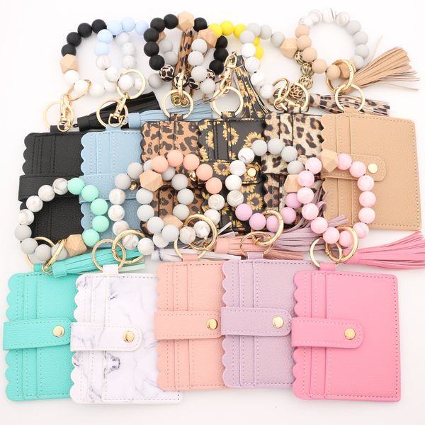 Bracelet de perles en Silicone, sac de cartes, motif léopard, pompon en PU, portefeuille pour femmes, porte-clés en cuir