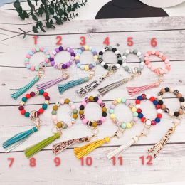 Bracelet en corde élastique fait à la main, perle en Silicone, porte-clés, pendentif pompon en cuir PU, multicolore en option ZZ