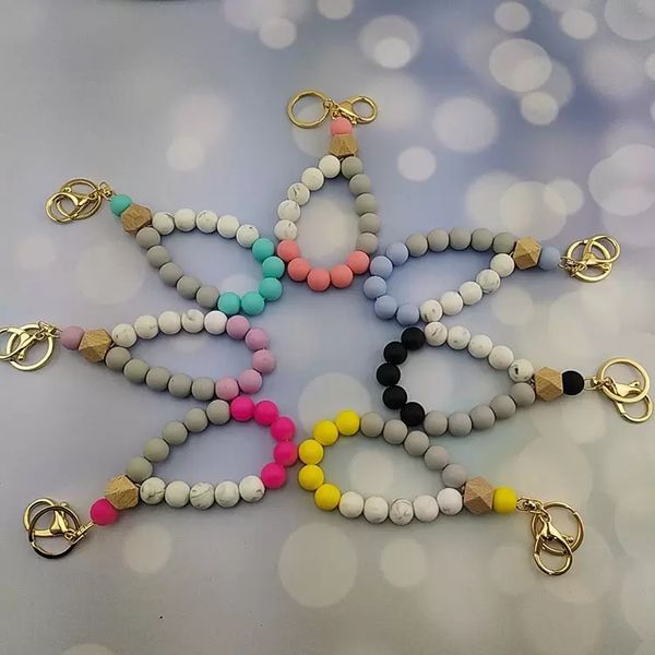 Perles de silicone porte-clés bijoux chaîne bracelet bracelet de qualité alimentaire gel de silice clés chaîne fête faveur pendentif perle en bois porte-clés cadeaux