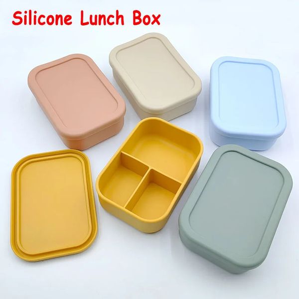 Boîte à lunch Bento en silicone pour enfants 3 Compartiment portable Picnic Fakoproof Baby Food Continer un 240412 GRATUIT