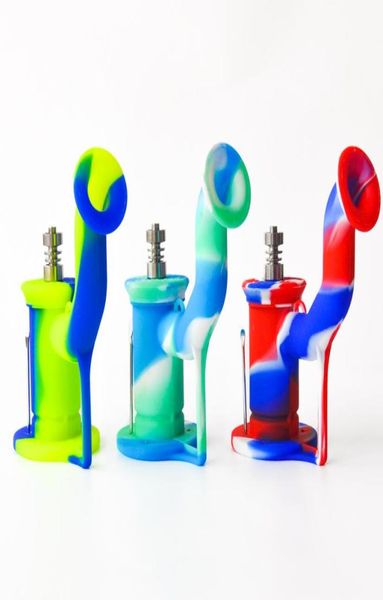 Silicona Bong Unbreakable Silicone Dab Oil Tipe de fumar con contenedor de cera de 5 ml y titanio Tubo de agua de silicona 3972998