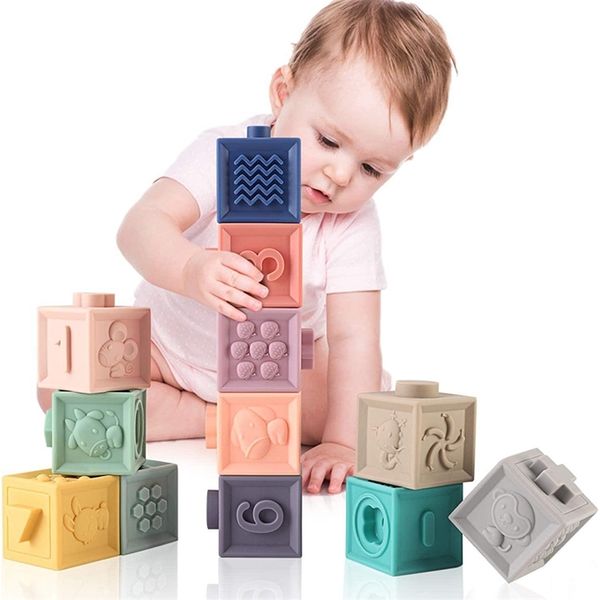 Silicone Build Block Baby Teether Jouets pour bébés de 0 à 12 mois Enfants Empilage Jouet Soft Building Block Cube pour garçon 1 an 220531