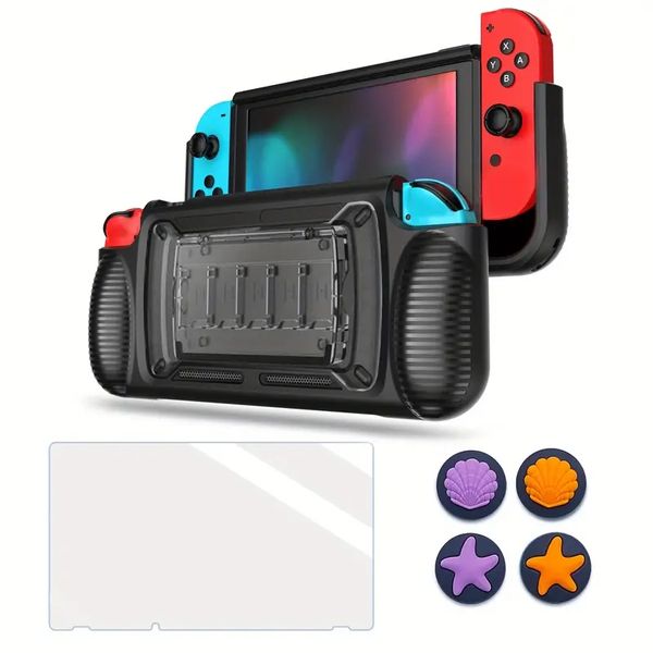 Coque en silicone pour SWITCH avec support de boîte de carte de jeu coque de protection en silicone anti-rayures housse de protection comprenant un film trempé et une housse de protection pour joystick