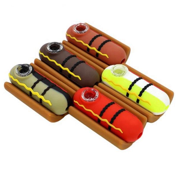 Silicone Coloré Hotdog Saucisse Style Pipes Herbe Tabac Huile Rigs Verre Poreux Trou Filtre Bol Portable Handpipes Fumer Porte-Cigarette Tube En Gros DHL