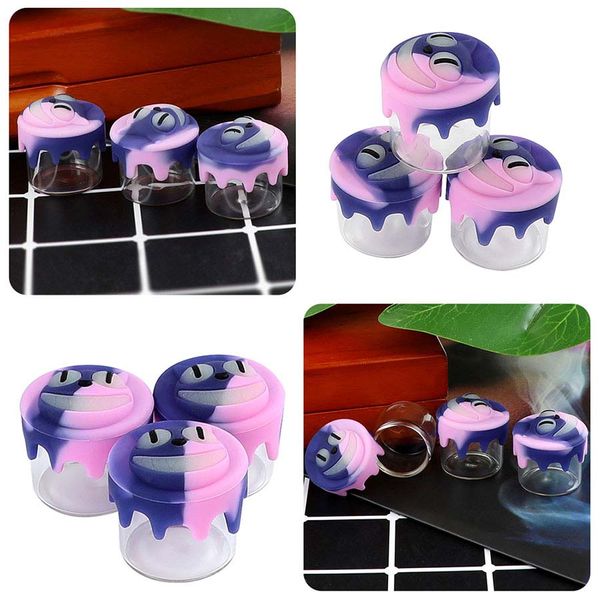 Récipient en verre silicone dab Bouteilles de stockage à la maison Mini pot antiadhésif pour fumer Pipe Conteneurs Forme de tête de chat mignon