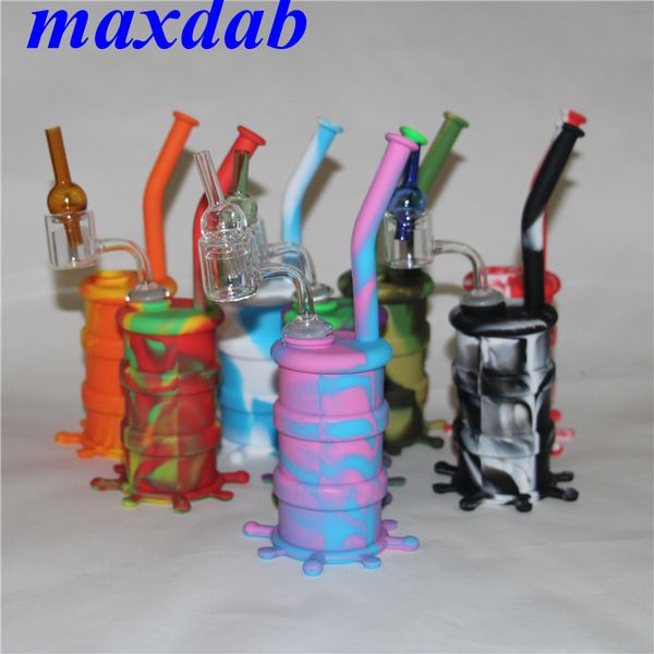 Narguilé en silicone dab rig avec clou en quartz à double tube de 14 mm et capuchon en verre de carb en silicone pipe à eau bong narguilés portables pour fumer