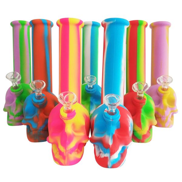 Bongs d'eau en verre de silicone avec bol en verre mâle de 14 mm 8,7 pouces crâne 420 unique épais cul cire huile herbes sèches tabac Dab fumer conduites d'eau