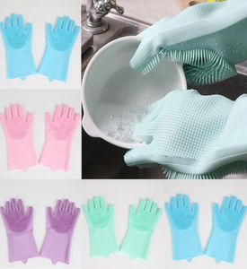 Siliconenhandschoenen met borstel herbruikbare veiligheid Siliconen afwashandschoen Warmtewarmtesistente handschoenen keukenreinigingsgereedschap HHAA6148279450