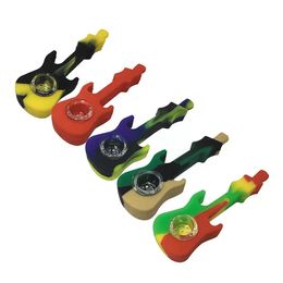 Pipa para fumar portátil de guitarra de silicona, 4,3 pulgadas, colorida con recipiente de vidrio, tabaco, hierba seca, agua, cuchara de mano