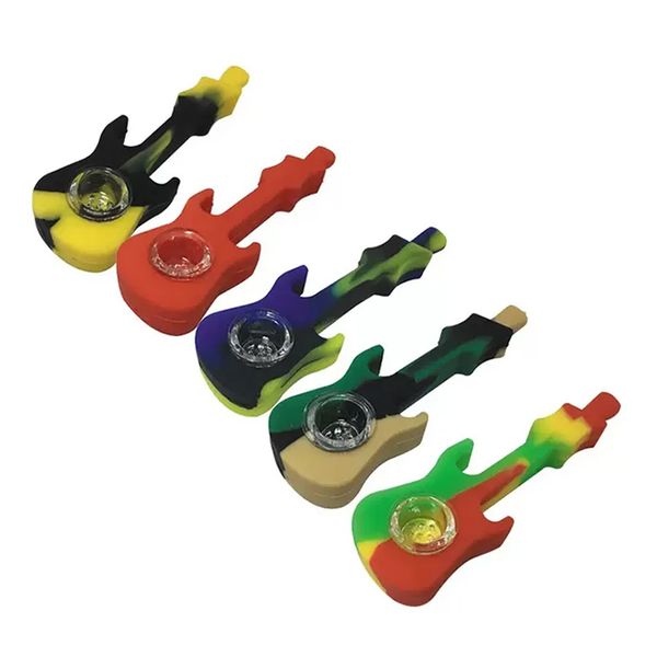 Silicona Guitarra Pipa de agua Hookah Bong portátil con tazón de vidrio Cuchara Tubo Pipa para fumar tabaco