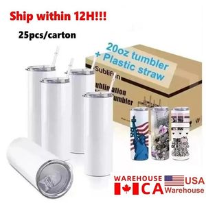 USA CA Warehouse 25pc / Carton Straight 20oz Sublimation Tumblers vierge en acier inoxydable tasses bricolage vide effilé