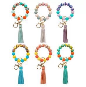 Silicone porte-clés clés gland bois perles Bracelet porte-clés pour femmes hommes multicolore perle porte-clés