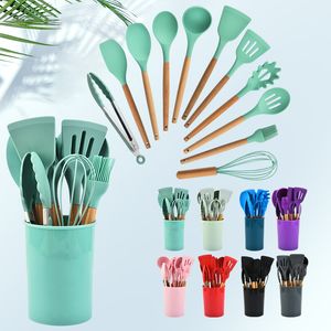 Ensemble d'ustensiles de cuisine en Silicone, 12 pièces, poignées en bois, résistants à la chaleur, sans BPA, ustensiles de cuisine Non toxiques