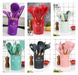 Ustensiles de cuisine en silicone Ensemble 12 pièces Cuisine avec un support de poignées en bois pour ustensiles de cuisine antiadhésifs Souppe à fente à fente Ton6513130