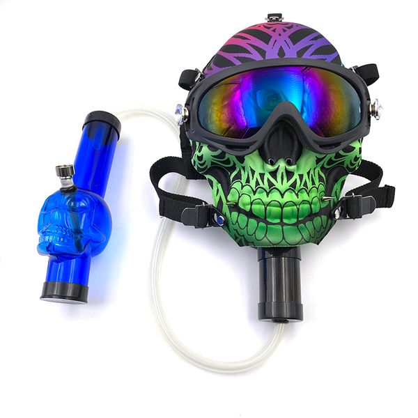 Masque facial en silicone Bong Masque à gaz pour fumer Masque à gaz Bongs Modèle de crâne Tuyau d'eau en acrylique avec lunettes de soleil Masques de mascarade Herbes sèches Narguilé Shisha