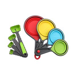 Juego de tazas medidoras de silicona, 8 unidades/juego, herramienta de medición a escala, tazas medidoras telescópicas plegables para hornear y juegos de cucharas HH22-104