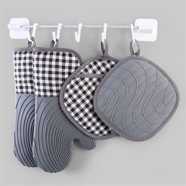 Juego de manoplas y soportes para ollas de silicona para horno con forro acolchado Guantes de cocina resistentes al calor para cocinar, hornear, asar a la parrilla T9I001303