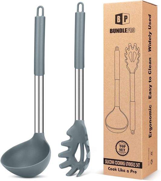 Ensemble de cuillère de fourche et de louche à pâtes en silicone, grands ustensiles de cuisine sans bâton pour cuisiner, remuer, servir des spaghettis, soupe, sauce