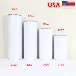 USA Warehouse Sublimatie Rechte Tumbler Blank RVS Tumbler DIY Straight Cups skinny tumbler Bier Koffiemokken Koffiemokken 12oz 15oz 20oz 30oz