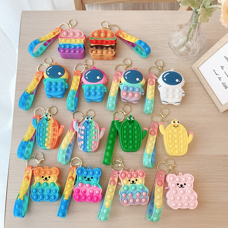 Mini Silicone Coin Bag rainbow keychain with Multifunctional Cartoon Spaceman, Cactus, Hamburger, Bear, and Heart Shapes - Perfect Gift for Promotional Offer