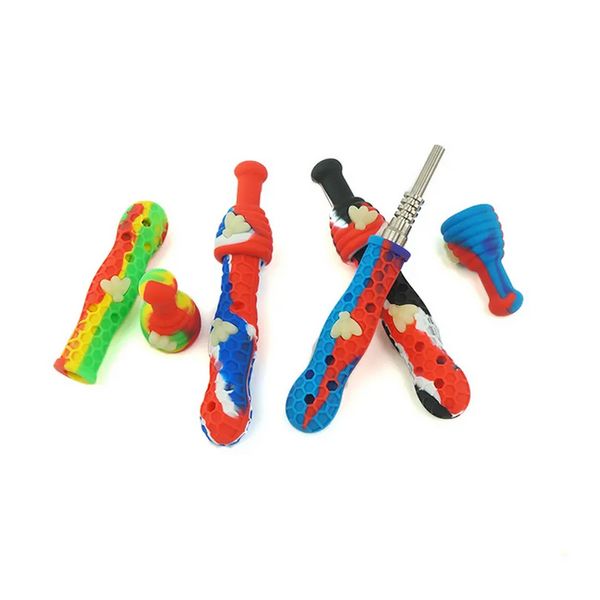 Silicone Pipe Main Dab Paille Titane Nail Tip Kit Tabac Pipes 14mm Taille Silicone FDA Grade Glow in Dark Bee