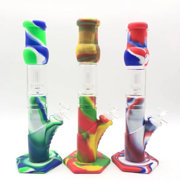 Bongs de vaso de filtración de tres capas Plataforma de dab de aceite de tubería de agua de silicona portátil con recipiente de filtro de vidrio para humo irrompible