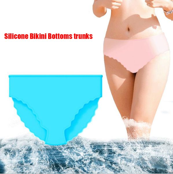 Trajes de baño de silicona Bañadores elásticos para mujer Ropa interior impermeable para mujer Calzoncillos lisos Calzoncillos de bikini a juego Tronco de baño encaje azul rosa