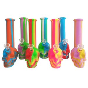 Bangs d'eau en verre uniques en silicone avec bol de fleur en verre mâle de 14 mm 8,7 pouces crâne détachable cire à fumer huile herbes sèches tabac Dab tuyaux