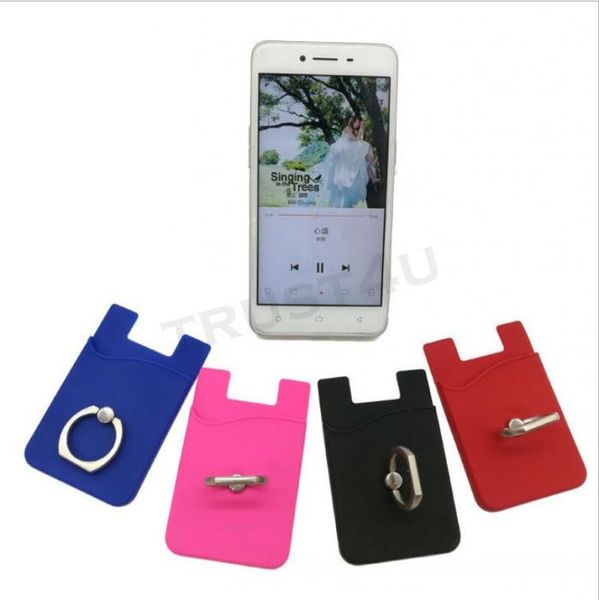 Portefeuille en silicone porte-carte de crédit téléphone 3M autocollant avec téléphone anneau carte argent fente portefeuille pochette pour iPhone Samsung HTC universel