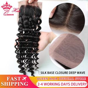 Zijdebasis Sluiting Braziliaanse maagdelijke rauw haar Deep Wave Silk Sluiting 100 HUNDER HAAR Pre -Geplukte natuurlijke haarlijn Koningin Haarproduct8313690