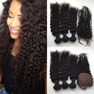 silk base closure hair closure virgin hair Deep Wave Brazilian 3 bundles hair extension and 1 silk base closure