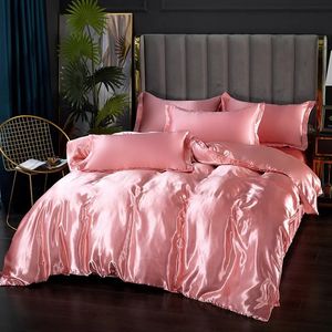 Juego de ropa de cama de seda con cubierta nórdica juego de sábanas de cama rosa con funda de almohada 100% puro de cama de seda juego King Queen Twin Tamaño 240401