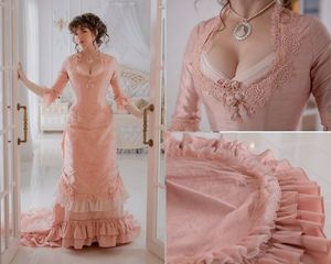 Silk Blush Pink Prom Party Dresses Victoriaanse kostuumbal Bustle Laz-Up Corset Evening Jurk met lange mouwen