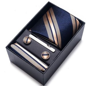 Silk Brand Tie zakdoek manchetknoop set stropdas vakantie doos mans blauw goud pak accessoires slanke cravat bruiloft gravatas