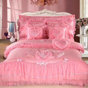 Zijde katoen luxe beddengoed set koning queen size bed set bruiloft cadeau roze rode sprei dekbedovertrek decoratieve kussensloop T200706