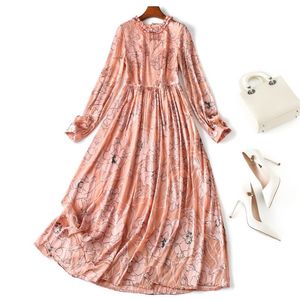 zijdejurk herfst nieuwe stiksel kanten jurk met lange mouwen print fit en flare lange jurken lj200818
