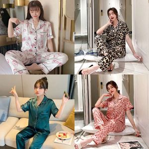 Silk est pamas voor vrouwen zoete luipaard pyjama's vrouw elegante korte mouw lange broek huiskleding dames slaapkleding sets 220421