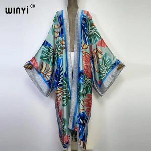 Zijde gevoel sexy bladafdruk strand draagpak cover jas elegante vrouwen boho vakantie kimono jurk met lange mouwen