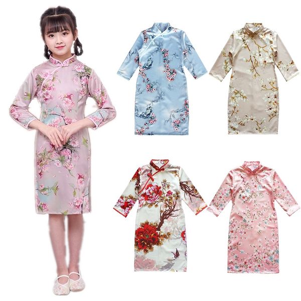 Soie Fille Qipao Robe Costume Chinois Enfants Chi-Pao Cheongsam Robes Manches Fille robe formelle Vêtements Tenues Top Qualité 210413