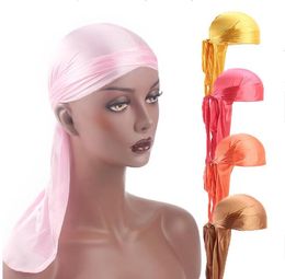 Nieuwe Unisex Long Silk Satin Ademend Turban Hoed Pruiken Doo Durag Biker Headwrap Chemo Cap Pirate Hat Mannen Haaraccessoires GD584