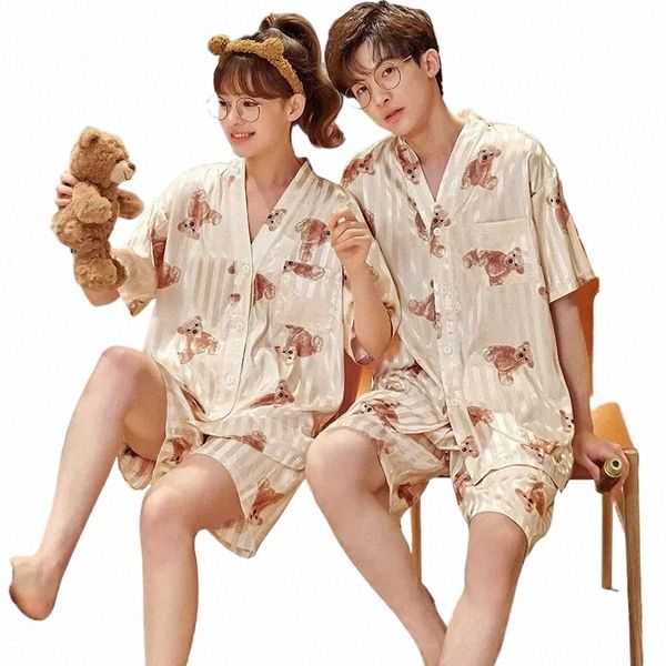 Conjuntos de seda para el hogar Gato suelto Hombres Pijama Traje de mujer Pareja Ropa de dormir Pijama Pijama coreano Anime Adulto Ropa con cuello en V 55gn #