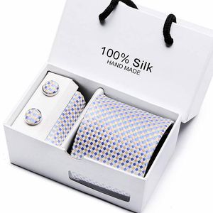 Cravate Jacquard en soie blanche, ensemble de boutons de manchette Hanky géométriques pour hommes, Gravatas Business, fête de mariage, vente en gros